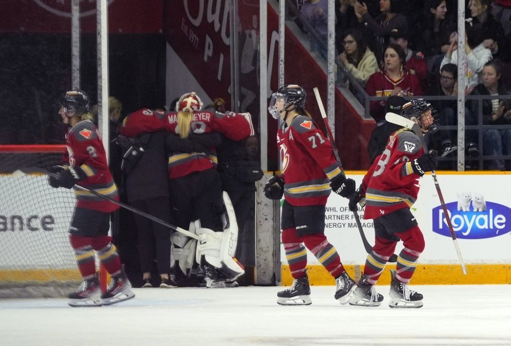 Ottawa Charge goaltender Emerance Maschmeyer (38) is helped off the ice after getting injured on a goal by Minnesota Frost's Taylor Heise, not shown, during third period PWHL hockey action in Ottawa, on Tuesday, March 11, 2025. THE CANADIAN PRESS/Justin Tang