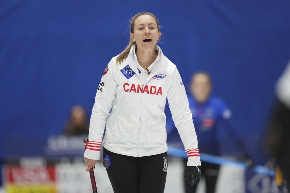 Canada skip Rachel Homan calls out to her teammates during a game against the U.S. at the World Women's Curling Championship in Uijeongbu, South Korea, Tuesday, March 18, 2025. (AP Photo/Lee Jin-man)