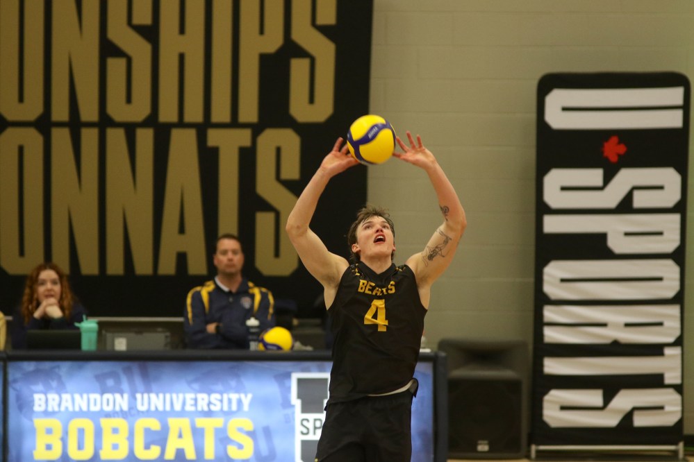 Luke Weddell and the Alberta Golden Bears beat the Sherbrooke Vert et Or 3-2 in the U Sports men's volleyball semifinals in Brandon on Saturday. (Thomas Friesen/The Brandon Sun)