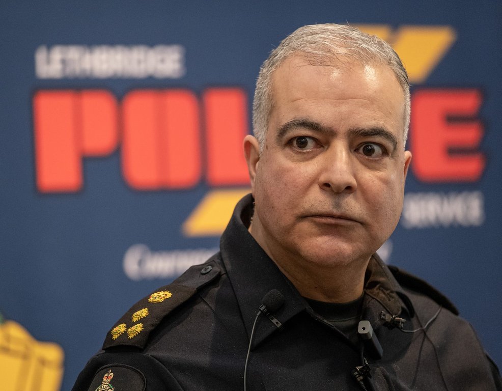 Lethbridge Police Chief Shahin Mehdizadeh speaks during a news conference in Lethbridge, Alta., on Wednesday, March 10, 2021. THE CANADIAN PRESS/David Rossiter