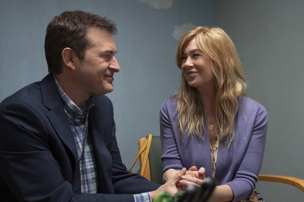 This image released by Disney shows Mark Duplass, left, and Ellen Pompeo in a scene from
