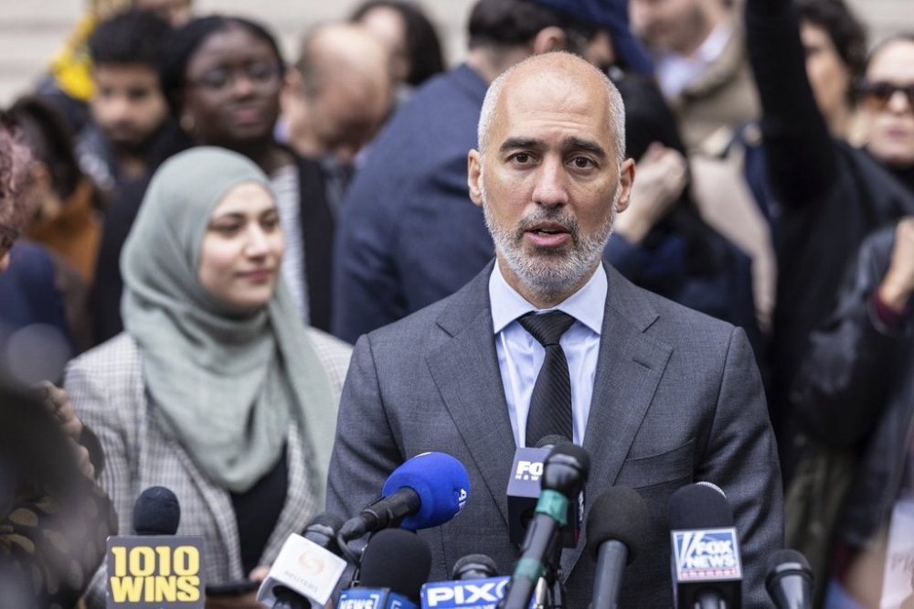 Professor of Law and Founding Director of CLEAR at the City University of New York, Ramzi Kassem speaks to the media after attending a hearing in Manhattan federal court addressing the deportation case of Mahmoud Khalil, Wednesday, March 12, 2025, in New York. (AP Photo/Stefan Jeremiah)