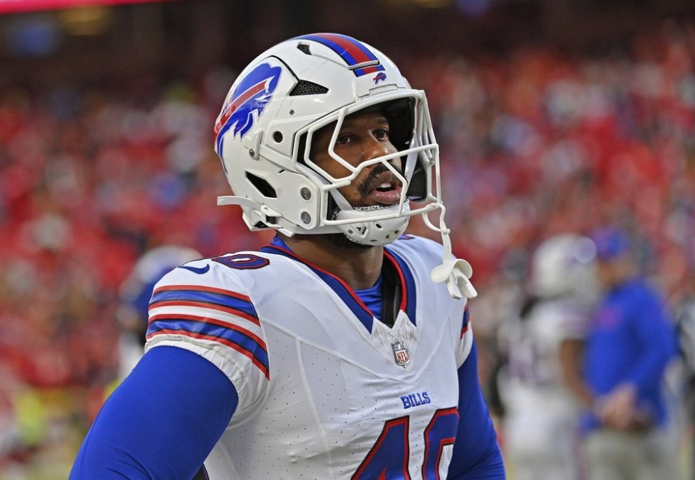 FILE - Buffalo Bills linebacker Von Miller (40) looks on before the AFC Championship NFL football game against the Kansas City Chiefs, Jan. 26, 2025, in Kansas City, Mo. (AP Photo/Peter Aiken, file)