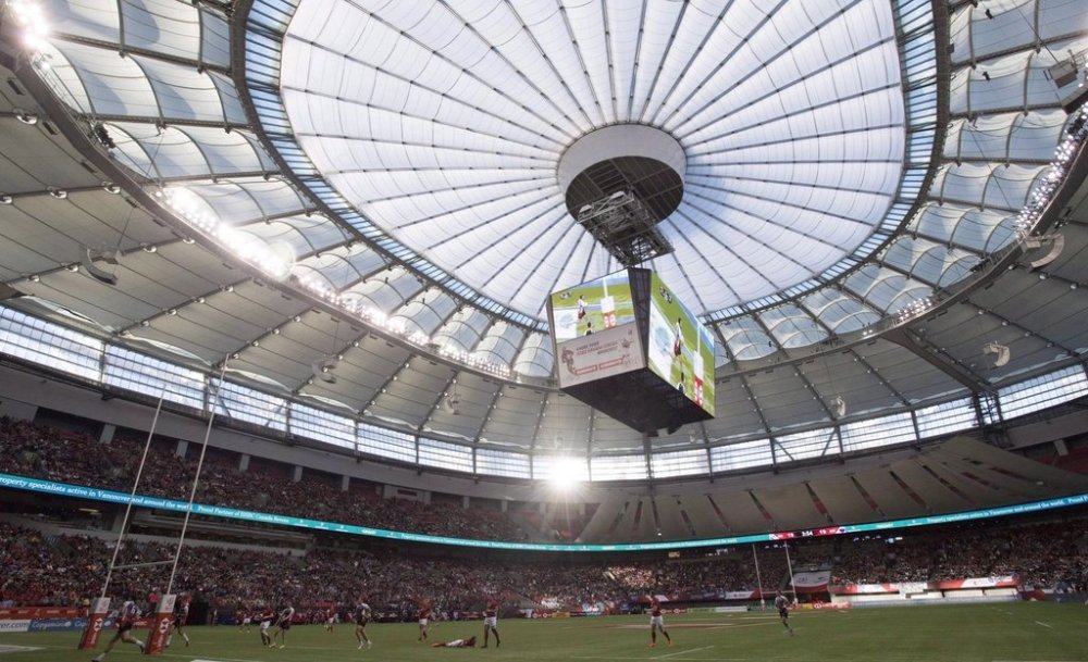 The sun begins to set during the Russia vs Scotland match during the World Rugby Seven Series at B.C. Place in Vancouver, Saturday, March 10, 2018. THE CANADIAN PRESS/Jonathan Hayward