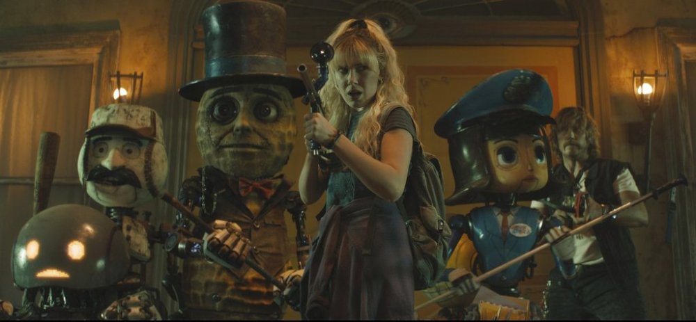 This image released by Netflix shows, from left, Herman, voiced by Anthony Mackie, PopFly, voiced by Brian Cox, Mr. Peanut, voiced by Woody Harrelson, Millie Bobby Brown, Penny Pal, voiced by Jenny Slate, and Chris Pratt in a scene from