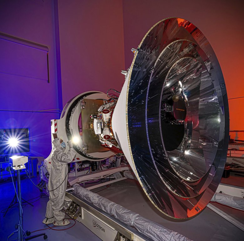 This April 2024 image provided by NASA shows the SPHEREx (Spectro-Photometer for the History of the Universe, Epoch of Reionization and Ices Explorer) telescope at BAE Systems in Boulder, Colo. (NASA via AP)