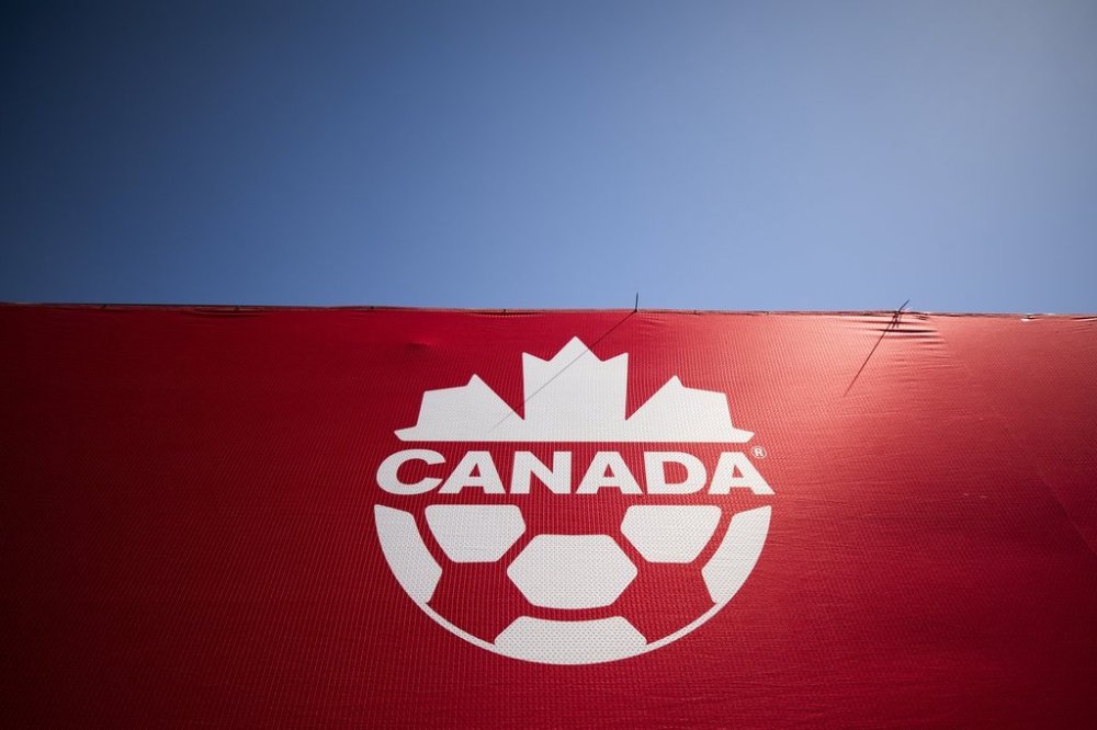 The Canada Soccer logo is seen on a banner during the Canadian Championships in Hamilton, Ont., Tuesday, May 7, 2024. THE CANADIAN PRESS/Nick Iwanyshyn