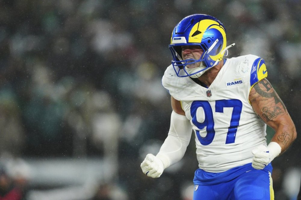Los Angeles Rams linebacker Michael Hoecht (97) reacts after a tackle during second half NFL NFC divisional playoff football action against the Philadelphia Eagles, in Philadelphia, Jan. 19, 2025. THE CANADIAN PRESS/AP-Derik Hamilton