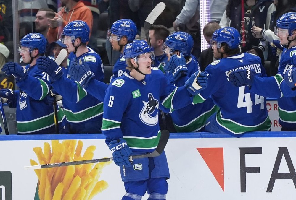 Vancouver Canucks' Brock Boeser (6) celebrates his goal against the Winnipeg Jets during first period NHL hockey action in Vancouver, B.C., Tuesday, March 18, 2025. THE CANADIAN PRESS/Darryl Dyck