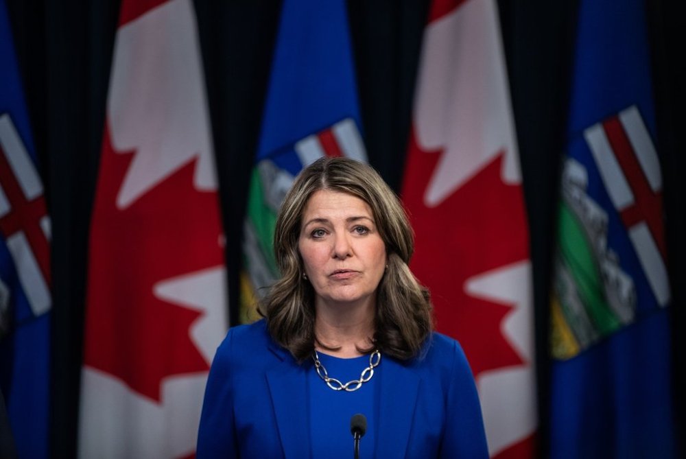 Alberta Premier Danielle Smith makes an announcement in Edmonton, Tuesday, April 29, 2025. Her chief of staff is defending a business class flight he charged to taxpayers, citing a health condition that increases his risk of blood clots. THE CANADIAN PRESS/Jason Franson