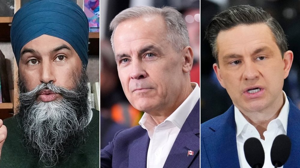 This composite image shows, left to right, NDP Leader Jagmeet Singh in Toronto on March 25, 2025; Liberal Leader Mark Carney in Winnipeg on April 1, 2025 and Conservative Leader Pierre Poilievre in Kingston, Ont. on April 3, 2025. (The Canadian Press)