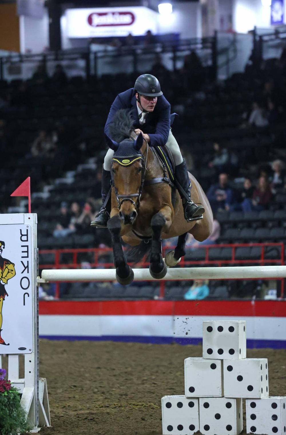 Jeremy Ockey, riding Castlefield Confellow, jumps the Joker hurdle during the Gambler’s Choice show riding event on Monday evening, during the opening night of the Royal Manitoba Winter Fair.