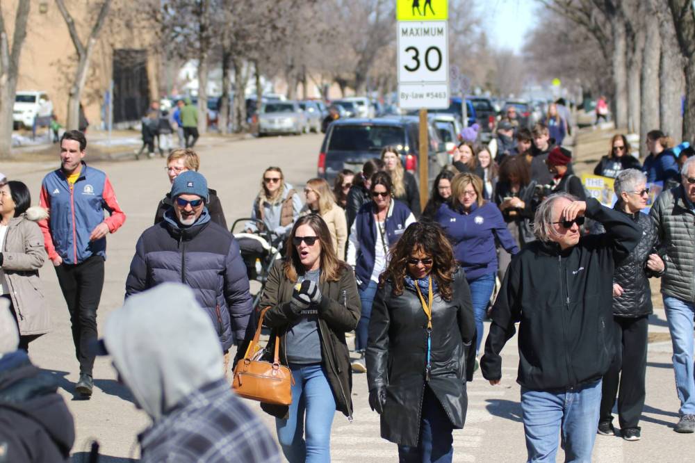 About 250 fans gathered for the Brandon University Bobcats parade and rally on Friday afternoon to celebrate the men’s volleyball team’s national championship victory. (Thomas Friesen/The Brandon Sun)