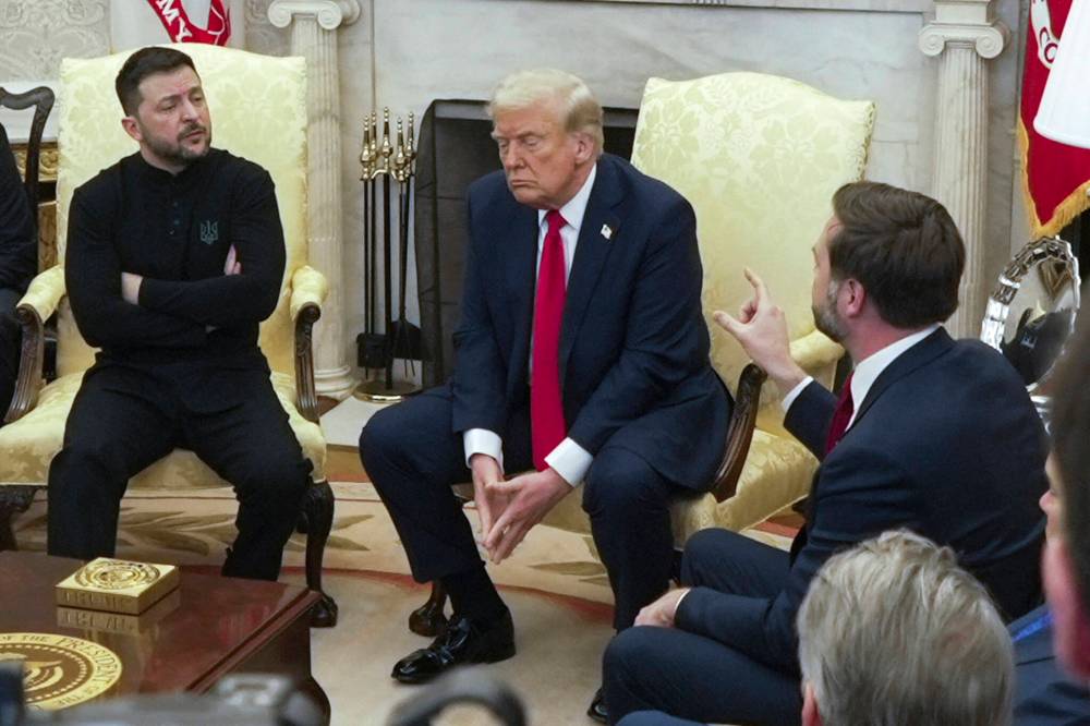 U.S. President Donald Trump and Vice-President JD Vance meet with Ukrainian President Volodymyr Zelenskyy in the Oval Office of the White House in Washington, D.C., in February 2025. The discussion was heated as Trump bullied and insulted the Ukrainian leader. (The Associated Press file)
