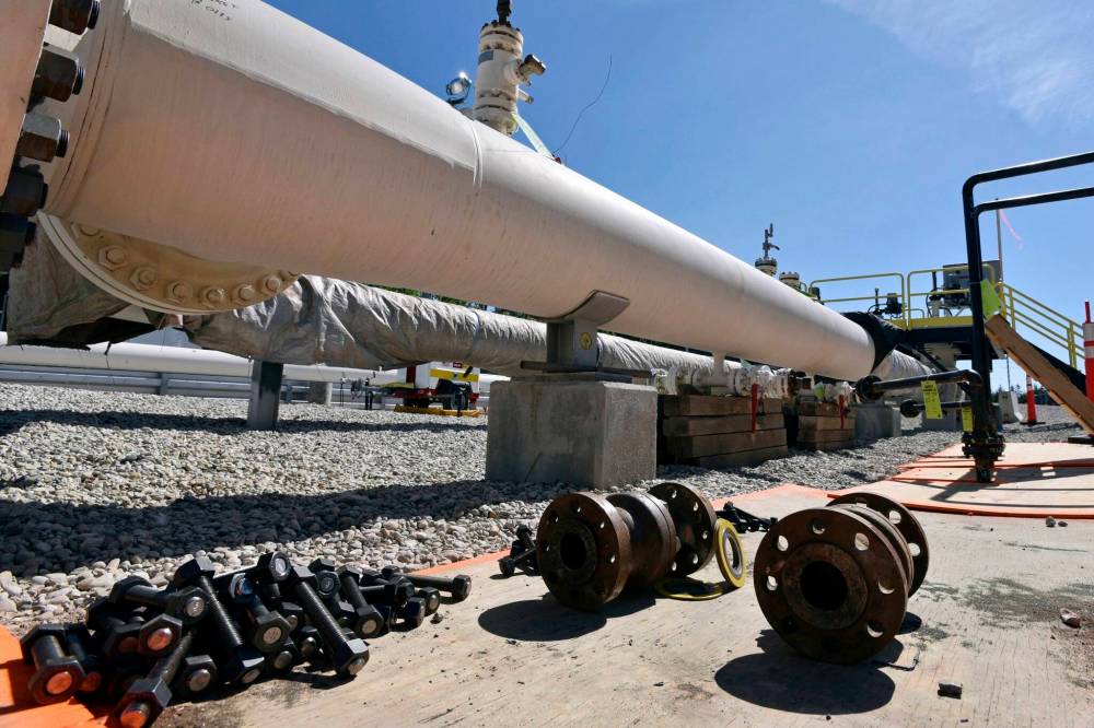 Nuts, bolts and fittings are shown on June 8, 2017 near St. Ignace, Mich., ahead of work on the Line 5 pipeline, which runs beneath the Straits of Mackinac that connects Lake Michigan and Lake Huron. (The Associated Press files)