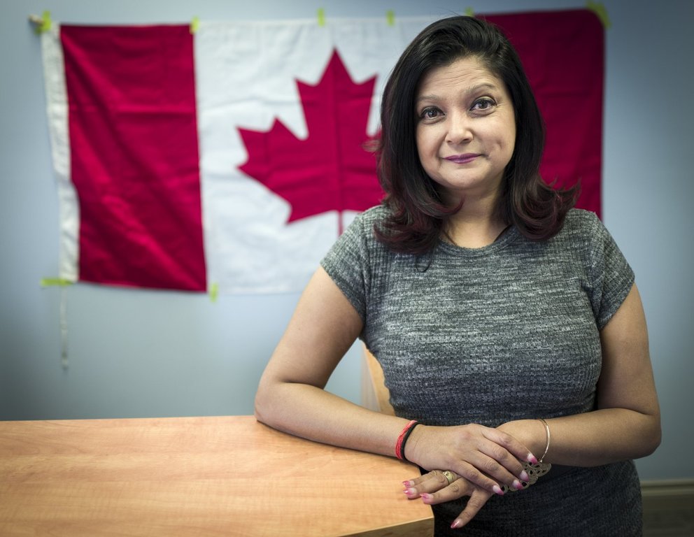 Federal Liberal party candidate Priti Obhrai-Martin, whose father was former Conservative Party MP Deepak Obhrai, is pictured at her campaign office in Calgary, Monday, April 7, 2025. THE CANADIAN PRESS/Jeff McIntosh