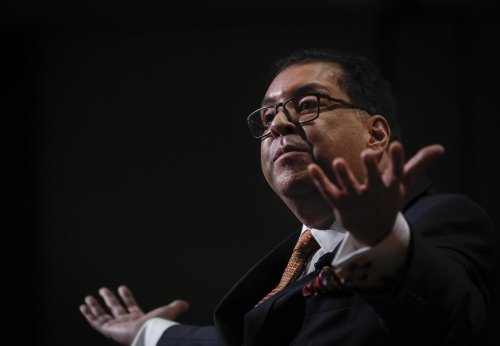 Naheed Nenshi delivers his acceptance speech after being named as the new leader of the Alberta NDP in Calgary, Saturday, June 22, 2024.THE CANADIAN PRESS/Jeff McIntosh