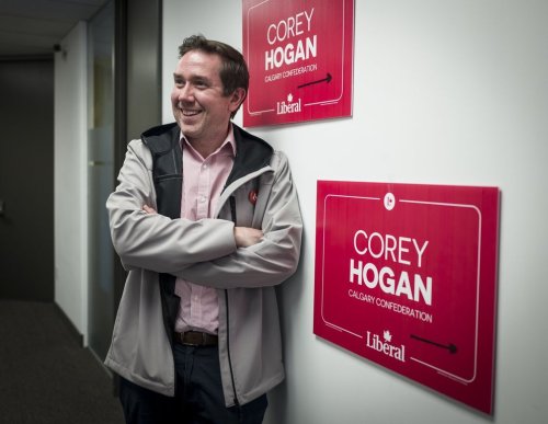Newly elected Liberal member of Parliament Corey Hogan speaks about his win in the Calgary Confederation riding during an interview on Tuesday, April 29, 2025. THE CANADIAN PRESS/Jeff McIntosh