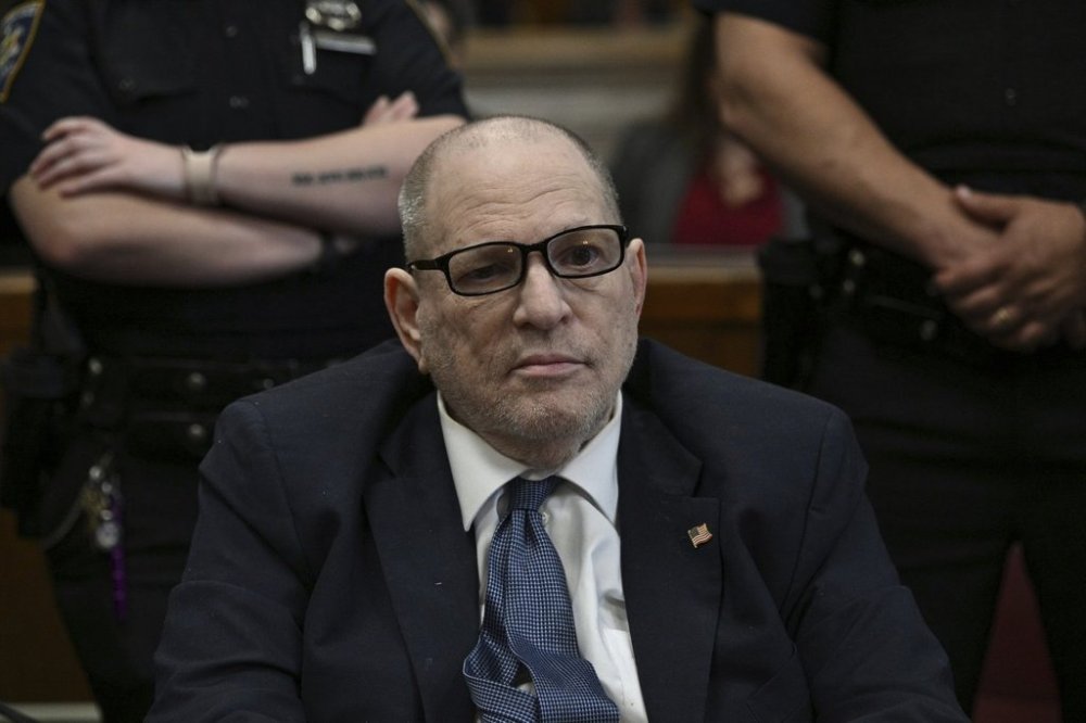Harvey Weinstein appears in Manhattan Supreme Court on the second day of jury selection in the rape trial against him, in New York, Wednesday, April 16, 2025. (Curtis Means/Pool Photo via AP)
