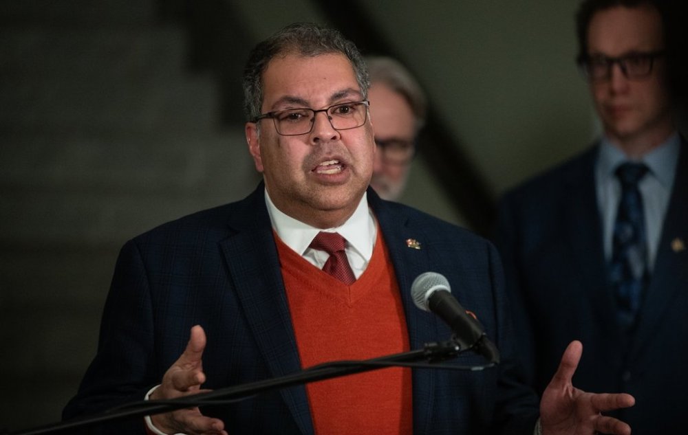 Leader of the Alberta NDP Naheed Nenshi speaks to media about the Alberta 2025 budget in Edmonton, on February 27, 2025.THE CANADIAN PRESS/Jason Franson