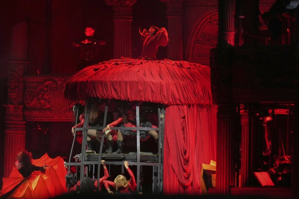 Lady Gaga, top center, performs during her free concert on Copacabana Beach in Rio de Janeiro, Saturday, May 3, 2025. (AP Photo/Silvia Izquierdo)