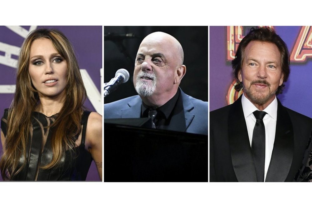 This combination of images shows Miley Cyrus, from left, Billy Joel and Eddie Vedder. (AP Photo)