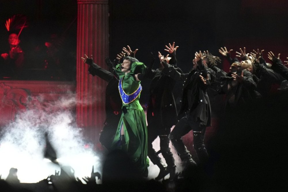 Lady Gaga performs during her free concert on Copacabana Beach in Rio de Janeiro, Saturday, May 3, 2025. (AP Photo/Silvia Izquierdo)
