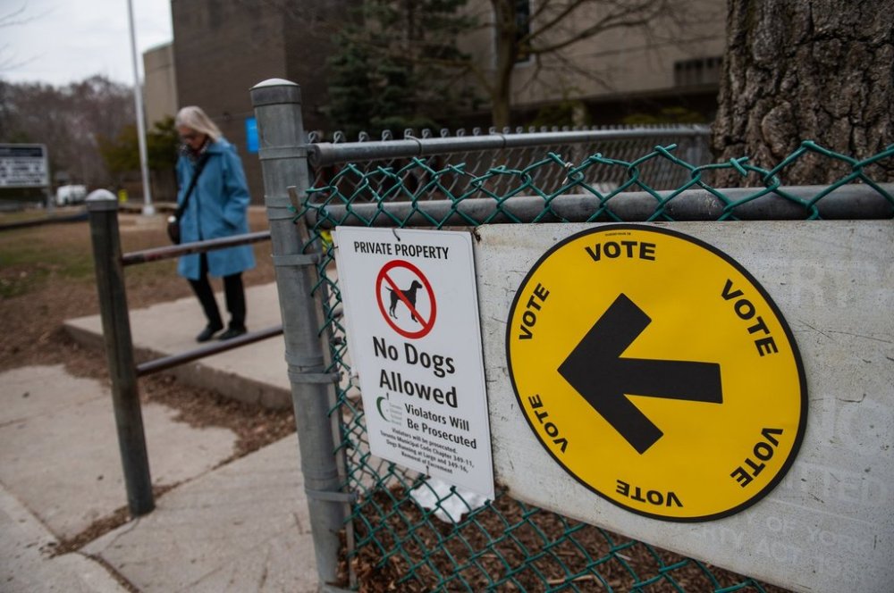 Elections Canada signage is seen at an advance polling location, in Toronto, Friday, April 17, 2025. THE CANADIAN PRESS/Laura Proctor