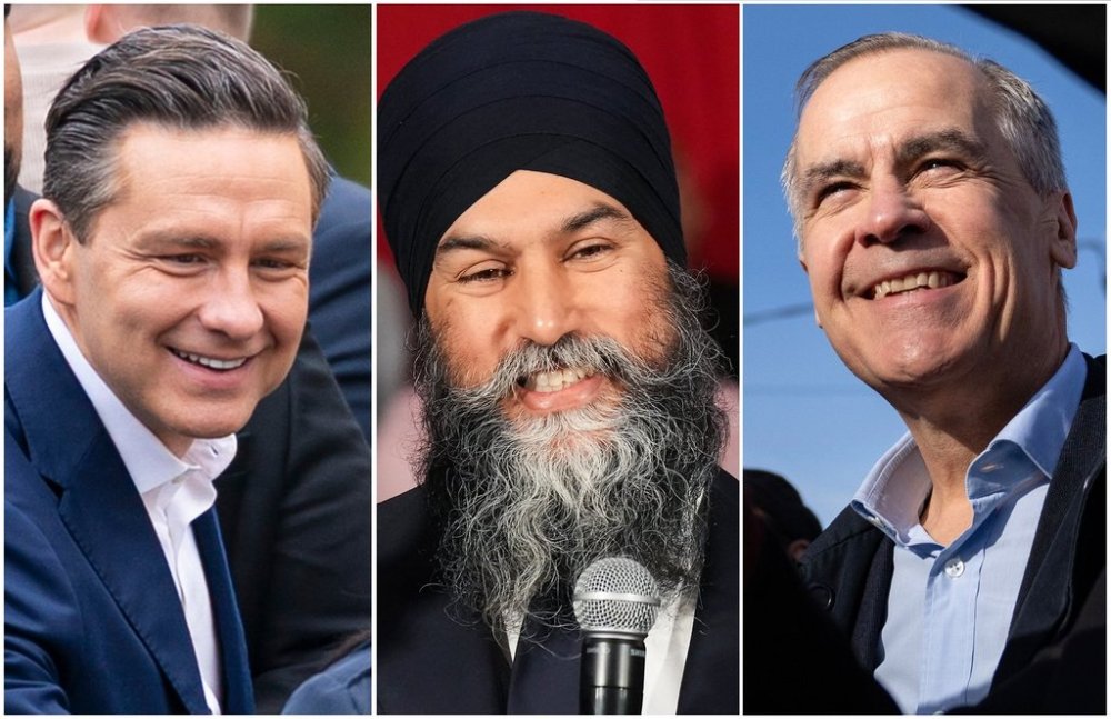 This composite image made from three file photos shows, from left to right, Conservative Leader Pierre Poilievre in Surrey, B.C., Sunday, April 20, 2025; NDP Leader Jagmeet Singh in Burnaby, B.C., on Saturday, April 19, 2025, and Liberal Leader Mark Carney in Montreal, Friday, April 18, 2025. THE CANADIAN PRESS/Rich Lam, Nathan Denette, Graham Hughes