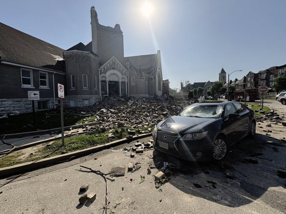 Part of Centennial Christian Church in St. Louis, Missouri, collapsed on Friday, May 16, 2025 when severe storms, including a possible tornado, swept through the city. (AP Photo/Michael Phillis)