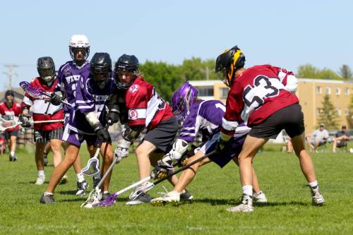 A handful of Vincent Massey Vikings and Springfield Sabres battle for the ball during their Manitoba High School Field Lacrosse game at Massey on Sunday. (Thomas Friesen/The Brandon Sun)