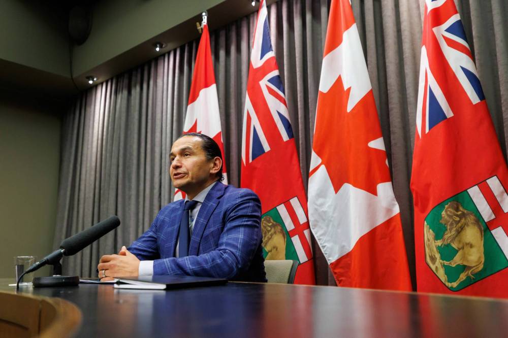 Premier Wab Kinew speaks during a wildfire update held at the Manitoba Legislative Building on Friday afternoon. (Mike Deal/Winnipeg Free Press)