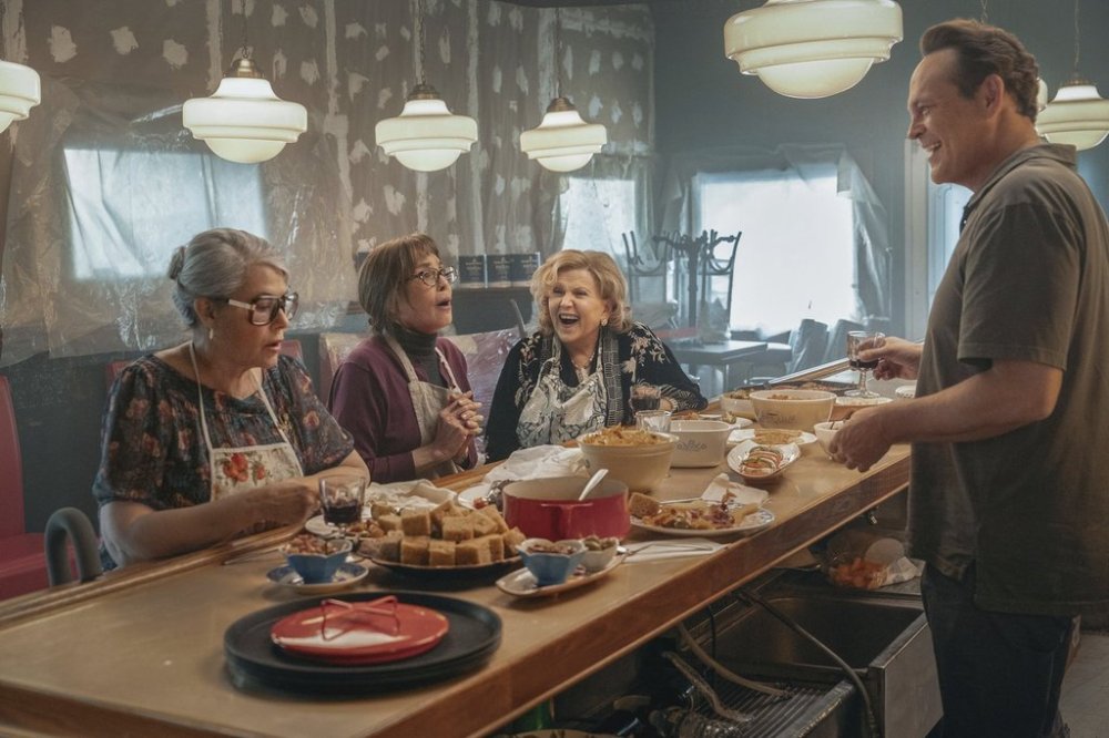 This image released by Netflix shows Lorraine Bracco, Talia Shire, Brenda Vaccaro and Vince Vaughn in a scene from