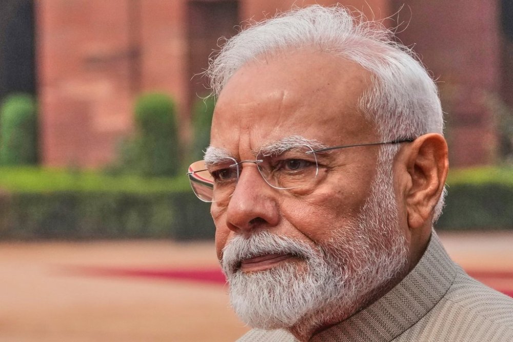 Indian Prime Minister Narendra Modi arrives for a ceremonial reception for Angola's President João Lourenco at the Indian presidential palace in New Delhi, India on Saturday, May 3, 2025. (AP Photo/Manish Swarup)