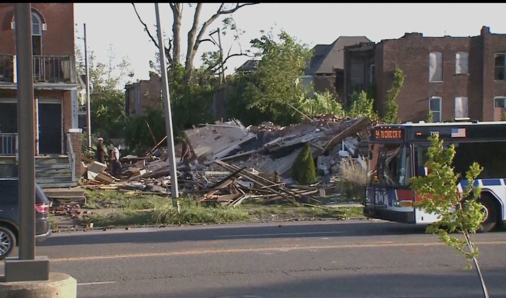 Debris covers the ground after a severe storm passed the area on Saturday, May 17, 2025 in St. Louis, Mo. ( KMOV via AP)