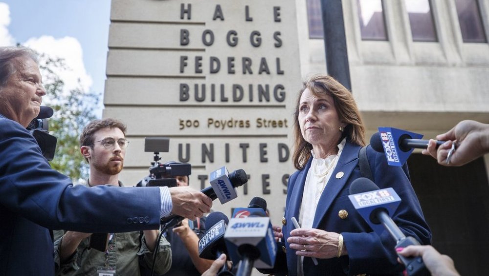 FILE - Louisiana Attorney General Liz Murrill talks with the media in front of the Hale Boggs Federal Building in New Orleans, May 19, 2025, after meeting with federal officials about the recent Orleans Parish Prison jail break. (David Grunfeld/The Times-Picayune/The New Orleans Advocate via AP, File)