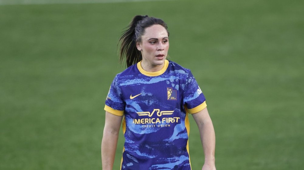 Utah Royals forward Bianca St. Georges (53) during an NWSL soccer match in Kansas City, Mo., Saturday, March 29, 2025. (AP Photo/Colin E. Braley)
