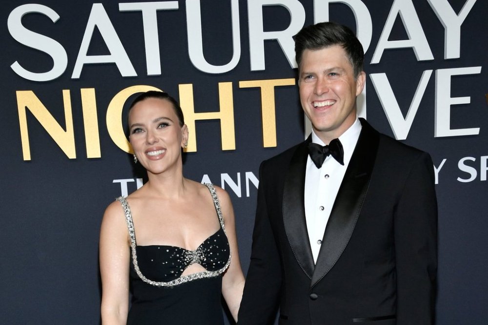 FILE - Scarlett Johansson, left, and Colin Jost attend