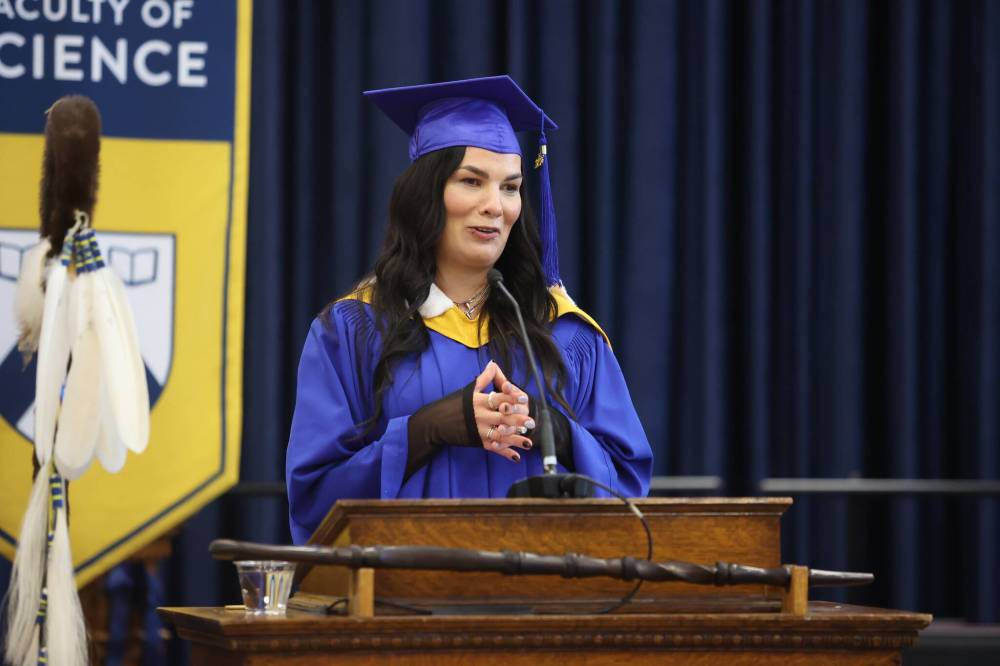 LEFT: Faculty of Arts valedictorian Renata Truelove gives a speech that resonated with many students navigating uncertainty. RIGHT: Ayushi Patel credits Brandon’s co-op program for her smooth transition from school to full-time employment at MNP.