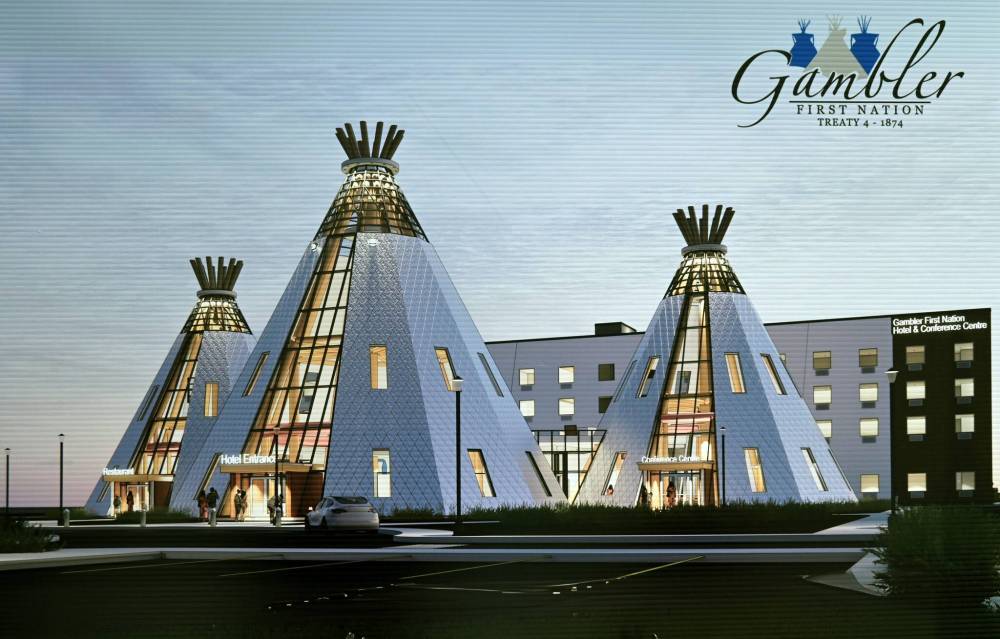 A rendering of the new Gambler First Nation Hotel in Brandon on a poster at the sod-turning ceremony on Tuesday. (Alex Lambert/The Brandon Sun)