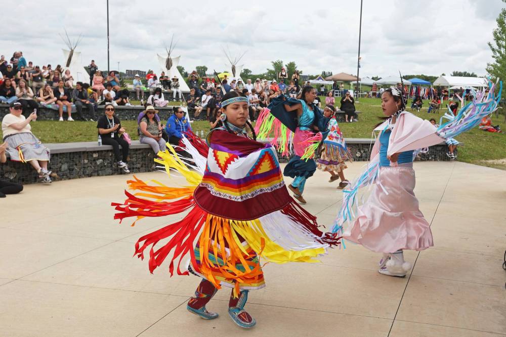 Dancers participate in a powwow demonstration at National Indigenous Peoples Day celebrations at the Riverbank Discovery Centre in 2024. (Tim Smith/The Brandon Sun files)
