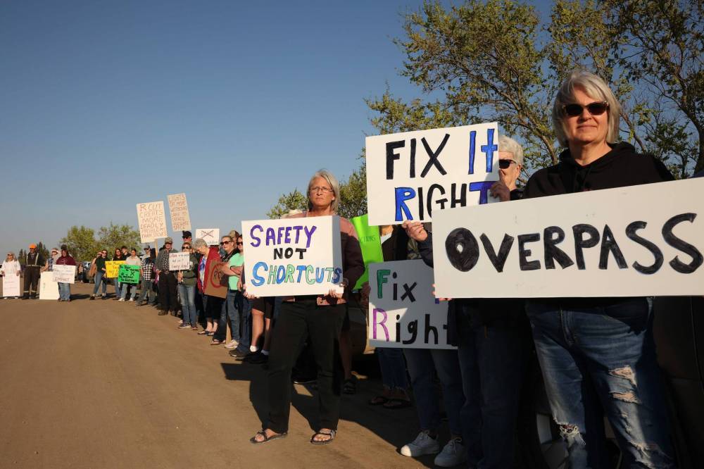 Residents of Carberry and area, including farms and nearby communities, take part in a rally on a service road just south of the Trans-Canada Highway at the Highway 5 intersection near Carberry last month to voice their opposition to the province's proposed Restricted Crossing U-Turn (R-CUT) modification for the intersection. The council of the Municipality of North Cypress-Langford is also strongly opposed to an R-CUT intersection at the site of the 2023 crash that killed 17 seniors. (Tim Smith/The Brandon Sun files)