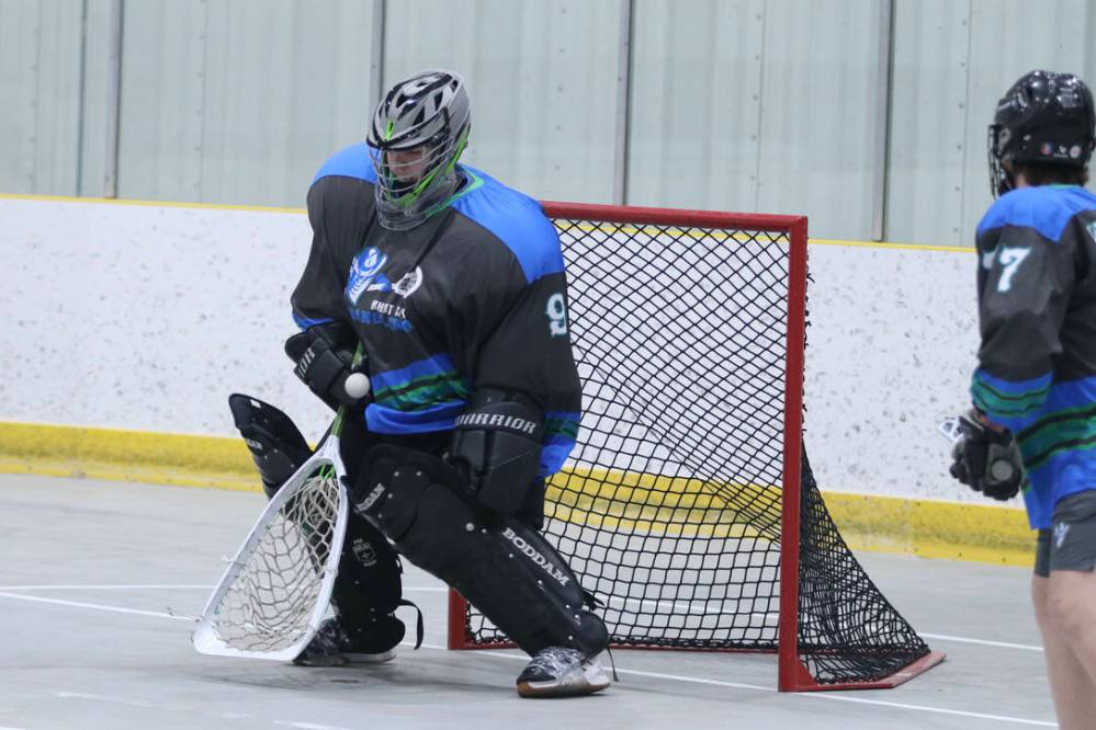 Owen Ducharme makes a save in a box lacrosse game for his Wheat City Wranglers U17 team. He’ll have a busy summer ahead as he’ll be a key piece of the last line of defence for Manitoba’s U17 field lacrosse team. (Matt Packwood/The Brandon Sun) June7, 2025