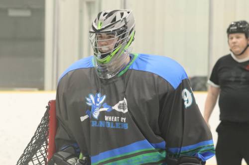 Owen Ducharme makes a save in a box lacrosse game for his Wheat City Wranglers U17 team. He’ll have a busy summer ahead as he’ll be a key piece of the last line of defence for Manitoba’s U17 field lacrosse team. (Matt Packwood/The Brandon Sun) June7, 2025