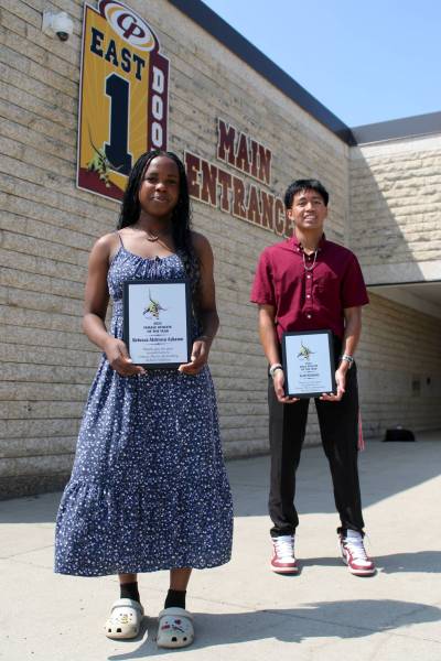 Rebecca Alebiosu, left, and Seth McAuley were named Crocus Plainsmen athletes of the year on Tuesday. (Thomas Friesen/The Brandon Sun)