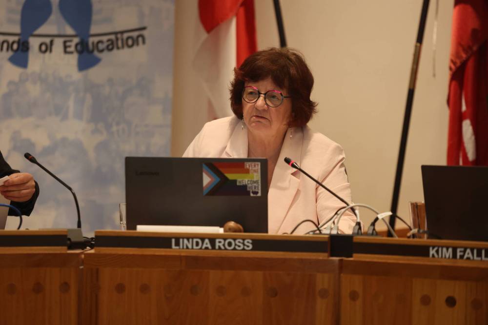 Brandon School Division board chair Linda Ross assures the group that the board is concerned about the issues raised at the meeting. (Abiola Odutola/The Brandon Sun)
