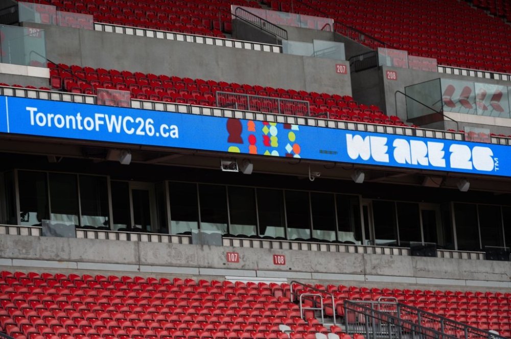 Signage for the official brand and new #WeAre26 awareness campaign, as a host city for FIFA World Cup 2026, photographed at BMO Field in Toronto, on Thursday, May 18, 2023. THE CANADIAN PRESS/ Tijana Martin