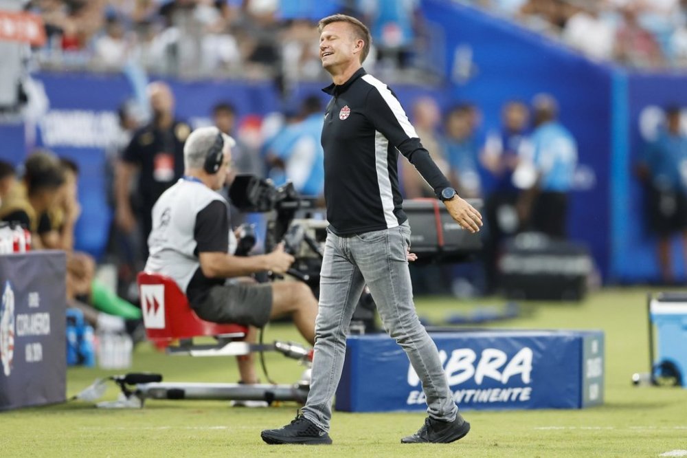 Canada coach Jesse Marsch reacts during the Copa America third-place soccer match against Uruguay in Charlotte, N.C., Saturday, July 13, 2024. Having wrapped up camp in Florida, the 35th-ranked Canadian men turn their attention to No. 136 Suriname and Friday's opening leg of their CONCACAF Nations League quarterfinal. THE CANADIAN PRESS/AP/Nell Redmond