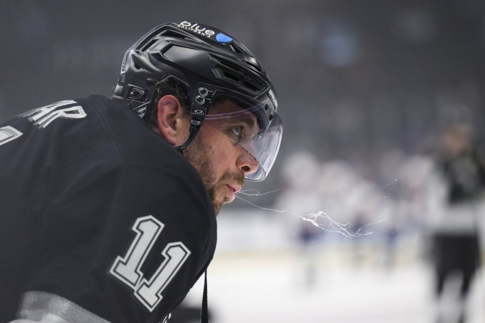 Los Angeles Kings centre Anze Kopitar looks on before an NHL hockey game against the Colorado Avalanche, Saturday, April 12, 2025, in Los Angeles. (AP Photo/William Liang)