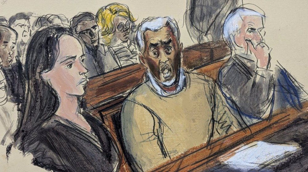 In this courtroom sketch, flanked by defense attorneys Teny Geragos, left, and Brian Steel, right, Sean